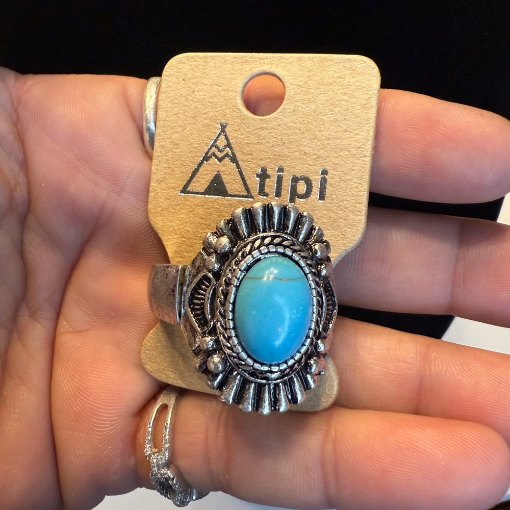 NWT! Turquoise Silver Stretchy Western Boho One Size Ring